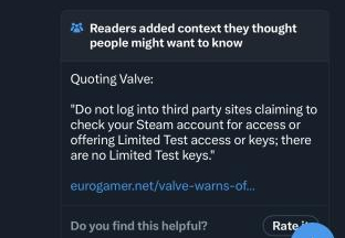 A community note quoting Valve's policy that players should not log in with their password on any site that isn't owned by Valve