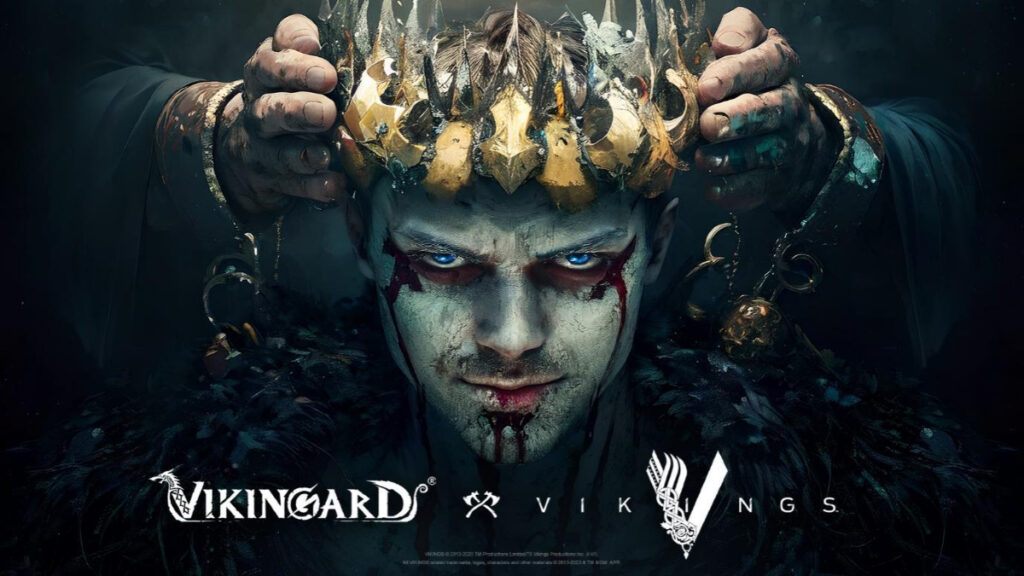 A chracter with a pale face and blood paint under his eyes and mouth has a sharp crown placed on his head