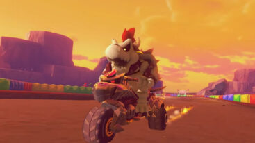 Dry Bowser riding a motorcycle around the GBA Sunset Wilds track.