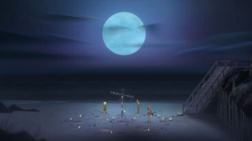 Three characters from Oxenfree 2 standing on a beach with the full moon out.