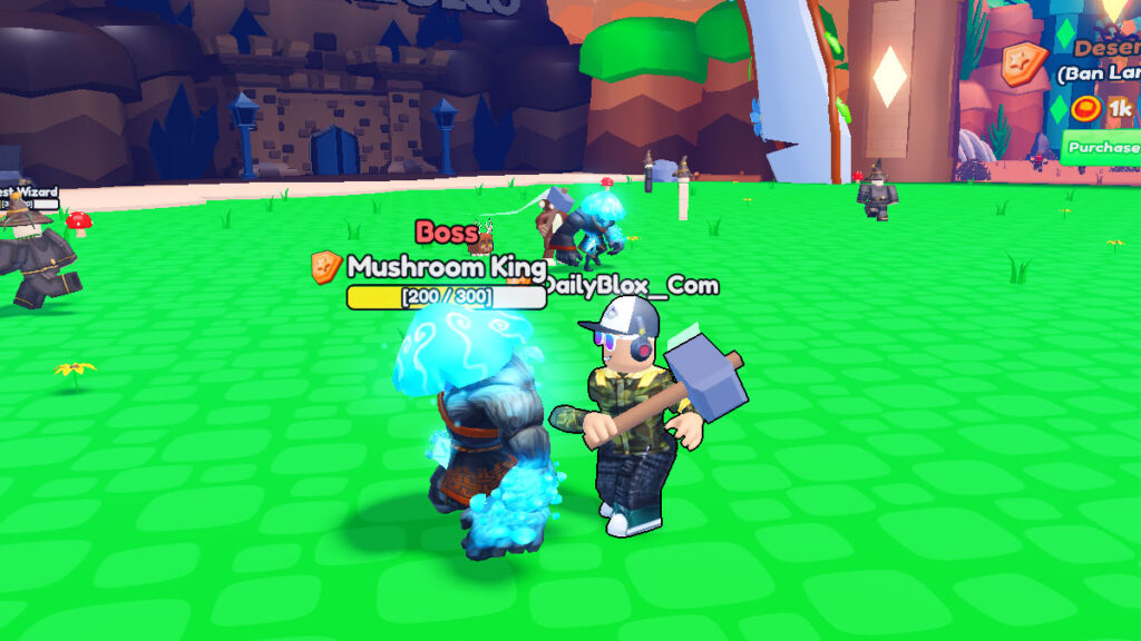Roblox character fighting a Mushroom King enemy in Banning Simulator X.
