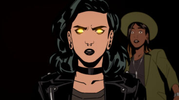 Grace from Stray Gods: The Roleplaying Musical with glowing yellow eyes.