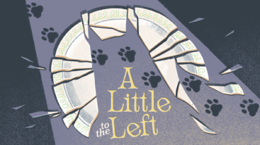 A Little to the Left logo with plates that are smashed to look like a cat outline, paw prints on the ground underneath