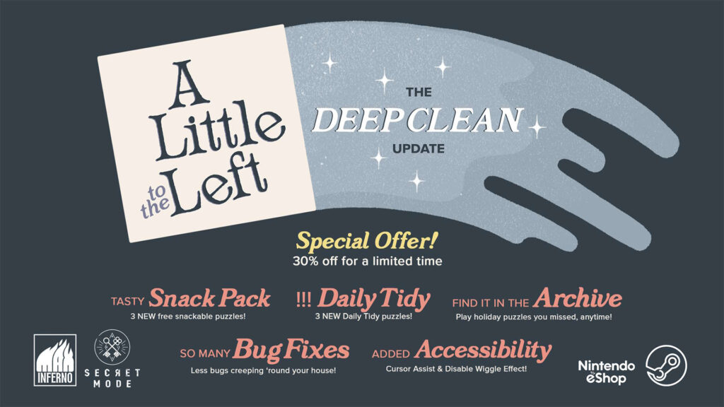 A Little to the Left logo on a sponge, with a streak next to it that says "The Deep Clean Update" with information about the features included and a 30 percent discount