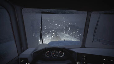 A screenshot from the Alaskan Road Truckers trailer showing a first-person perspective of a truck driving through a blizzard
