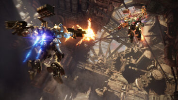 A flying mech robot flies and shoots a gun at another mech