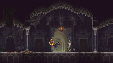 A screenshot of the game Blasphemous 2 as the Penitent One is about to use his flaming mace on an enemy.