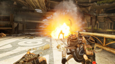 A character from bullet storm shoots a rusty scrap gun in first person as an enemy explodes apart in the distance