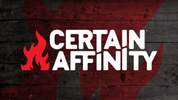 The Certain Affinity logo with a red fire emblem beside it and painted on the wooden panel background
