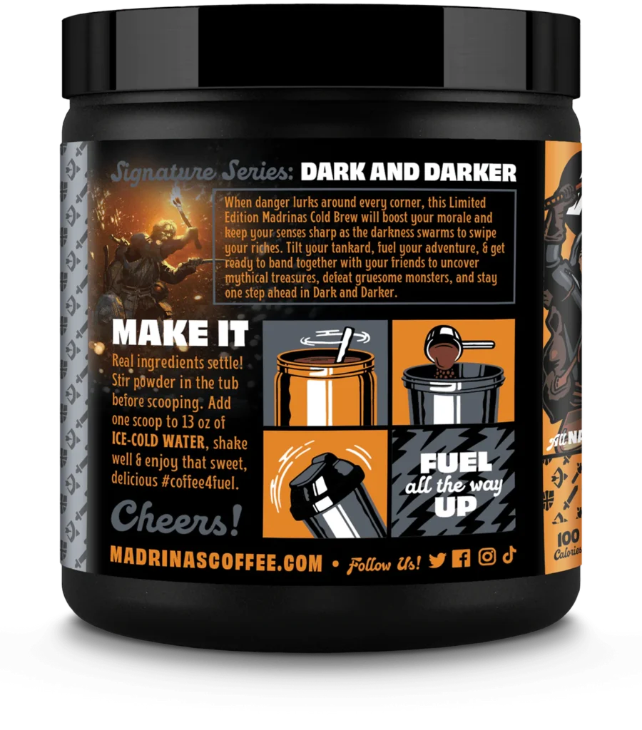 A description of how to mix the cold brew coffee with a quote and images from Dark and Darker on a tub