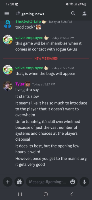 Someone asks Tyler what his impressions are and he says it's very complicated at first, but it's really good when it gets to the main story