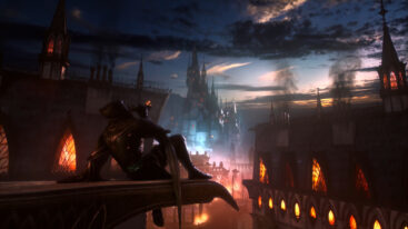 A rogue in a hood sits on an outcropping of a building and sips from a goblet