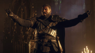 A man in armor and a cape stands with his arms outstretched upwards