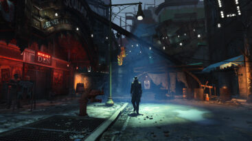 A detective walks the streets in the main city in Fallout, with a street lamp over his head casting a shadow