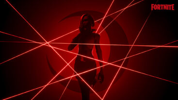 A character with ear-length hair is silhouetted in red as lasers beam in front and behind her