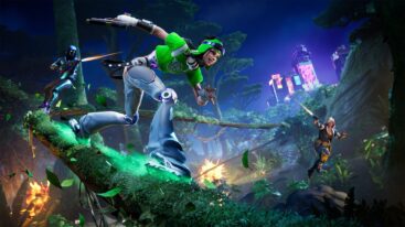The FNCS Renegade skin in green clothes and jeans slides on a vine as other characters shoot at her
