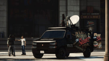 The Fame or Shame van from GTA V with characters standing outside it