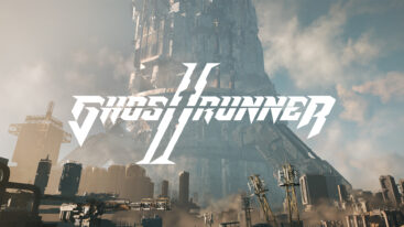 The Ghostrunner 2 logo over a barren industrial city with a large tower in the background