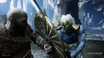 Kratos holds up a shield to block a sword attack from an animal with golden horns