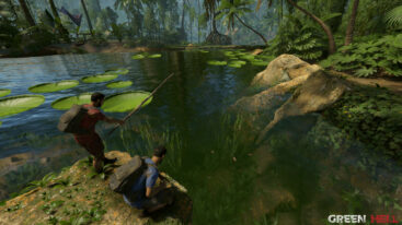 Two characters in Green Hell stand on the edge of a pond, with one crouched and the other pointing while holding a crude stick spear