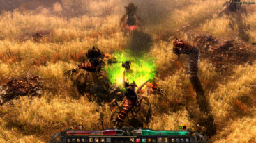 A character swings a weapon while they are surrounded by worms and other large bugs