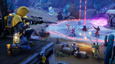 A character in a yellow hoodie aims a sniper rifle at characters standing in a pink circle on the ground