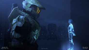 Master Chief stands opposite a small Cortana hologram in a screenshot from Halo Infinite
