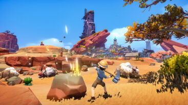The main character in My Time at Sandrock hammers at a rock with his pickaxe