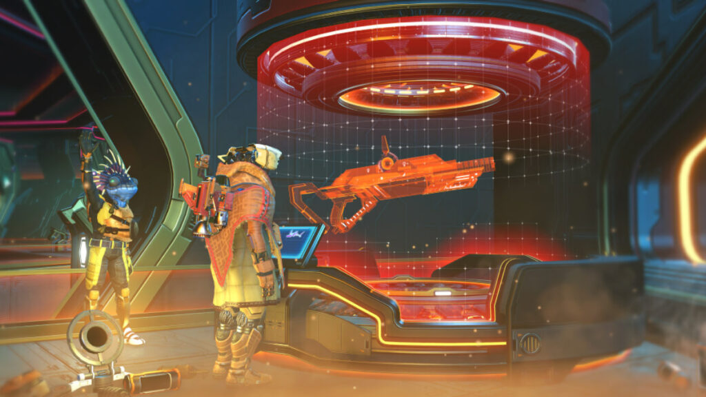 A robot and a Geck character stand next to a machine that's projecting a multitool hologram