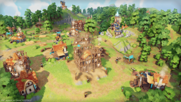 Scaffolding surrounds a building in the middle of a town in Pioneers of Pagonia