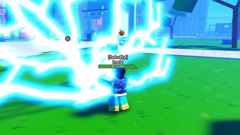 Roblox World Of Power Avatar With Black Hair Releasing Blue Lighting From Hands