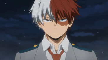 Shoto looks stern as he walks toward the camera in his MHA uniform