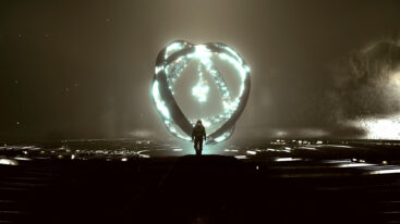 A character stands in front of and is silhouetted by a circular construct