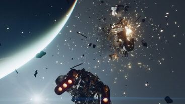 A ship in Starfield points up towards an exploding ship, with a planet barely visible on the left side of the screen