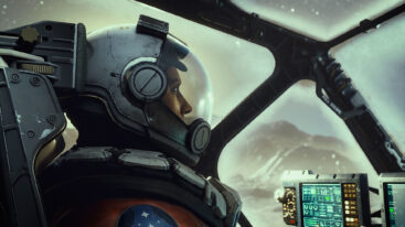 A character sitting in a cockpit, looking out at a planet