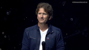 Todd Howard smiles slightly while on stage at Gamescom 2023 Opening Night Live discussing Stafield