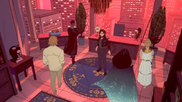 A screenshot from Stray Gods showing the Greek Idols Persephone, Apollo, aphrodite, and athena circling the main character, Grace, who looks unsure