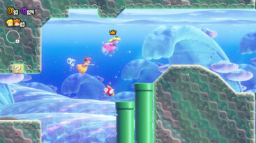Peach and Daisy swim above two green pipes in a screenshot from Super Mario Bros. Wonder