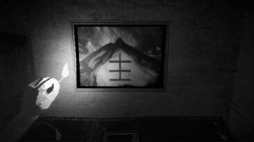 The player character's hand holds a match up to a painting with a symbol painted on it