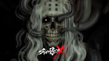 A skull face with white hair and glowing eyes looks forward above the Slave Zero X logo