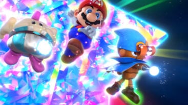 Mario and two other characters stand in a shimmering rainbow background
