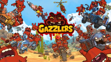 A red mascot with a crude grin peeks above the Gazzlers logo as a motorcycle and other vehicles can be seen in the background