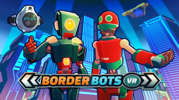 A red robot, a blue robot, and a floating robot circle with a face gesture above the Border Bots VR logo