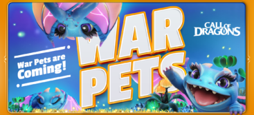 The War Pets Banner for Call of the Dragons, with little blue dragons on the top and bottom of the screen in pastel colors