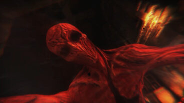 A red monster grabs the camera and tilts it sideways from the player's perspective