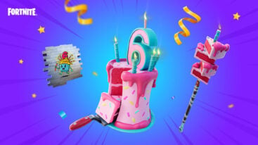 A cake with a 6 candle, a spray of a living cupcake with a 6 on top, and a pickaxe with pink cake