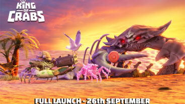 A giant crab stands over other crabs with the King of Crabs logo and a place saying the full launch happens on Sep. 26