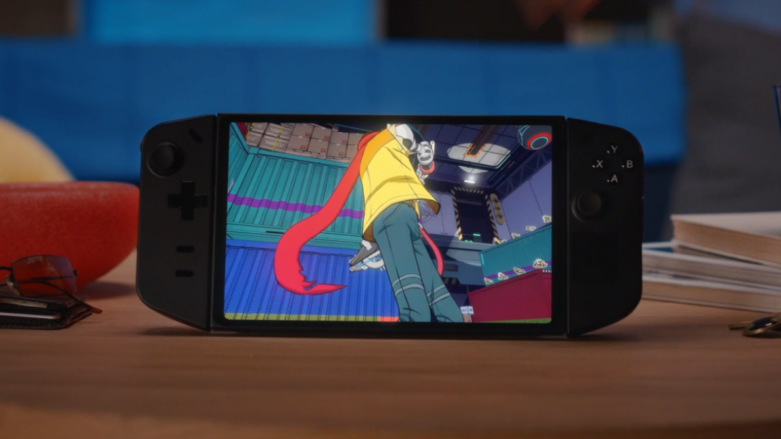 Lenovo Legion Go se coloca sobre una mesa plana de madera con Hi-Fi Rush en la pantalla