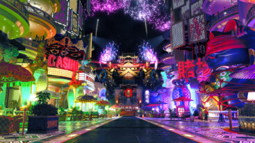 A Japanese downtown area with lost of neon lights and fireworks