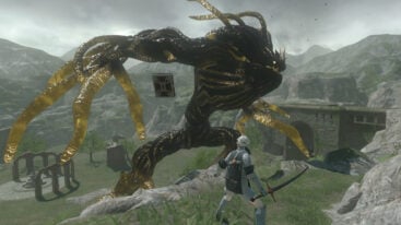 A character stands on a cliff as a giant black and gold monster scans the area for them